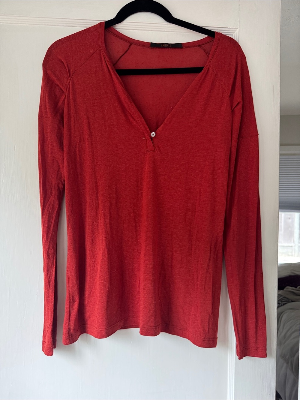 Annalee Red Long Sleeve V-Neck Top with Button Detail